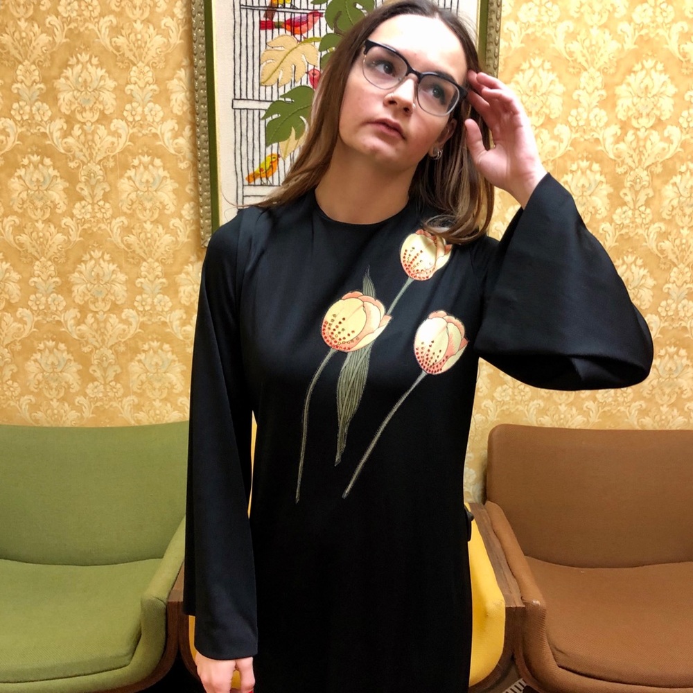 1970s Victor Costa Tulip Black Maxi Evening Dress